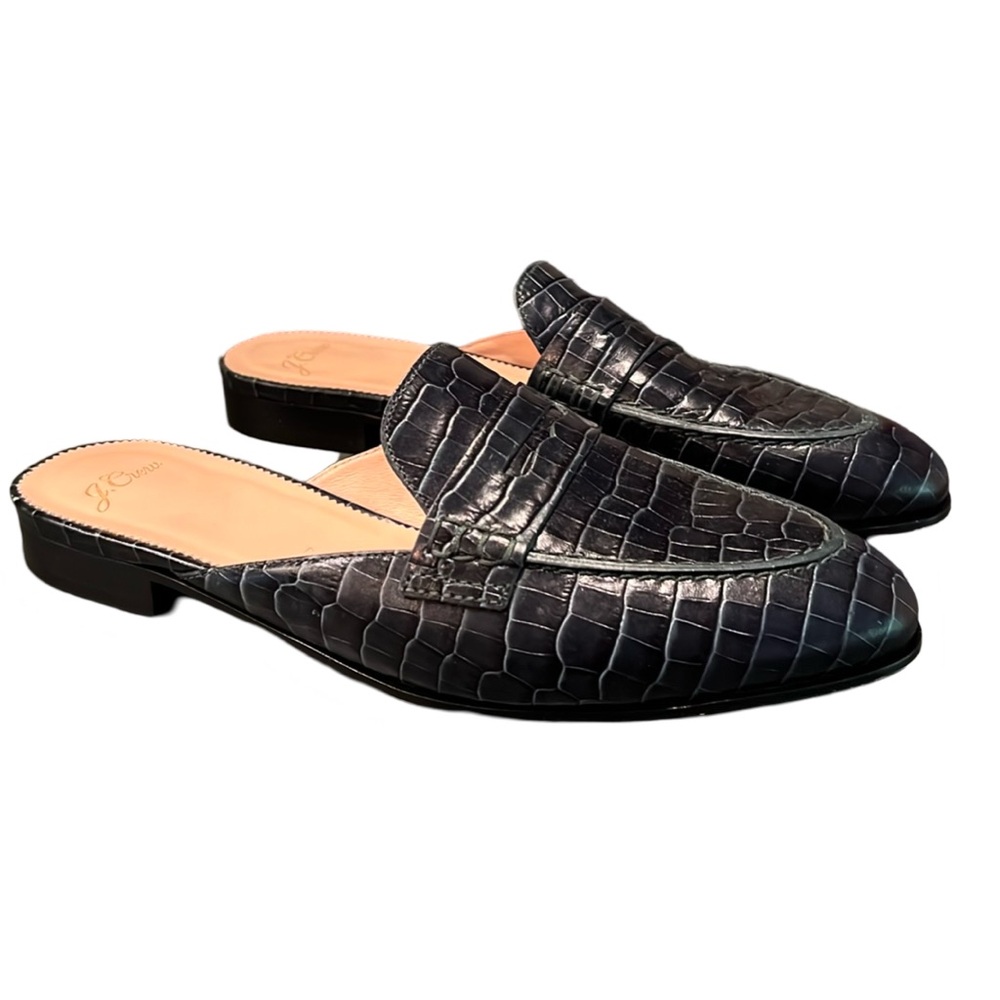 J. Crew Leather Crocodile Embossed Black Slide On Penny Loafer Mules Size 9
